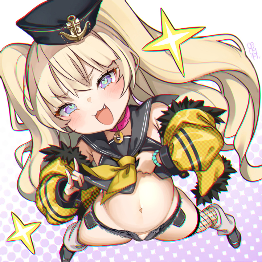 1girl :d \m/ azur_lane bache_(azur_lane) bangs blonde_hair blush collar eyebrows_visible_through_hair fang fishnet_legwear fishnets hat heart heart-shaped_pupils highres jacket long_hair looking_at_viewer navel off_shoulder open_clothes open_mouth open_shorts purple_eyes rangsiwut_sangwatsharakul sailor_collar shorts smile solo spread_legs symbol-shaped_pupils thighhighs twintails very_long_hair