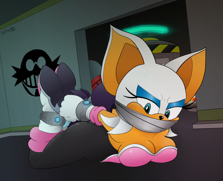 absurd_res angry bdsm big_breasts bondage bound breasts chiropteran cleavage clothed clothing darkman-zero female gag handcuffs hi_res high_heeled_boots looking_at_viewer mammal rouge_the_bat shackles solo sonic_(series) tape tape_gag wings wings_tied