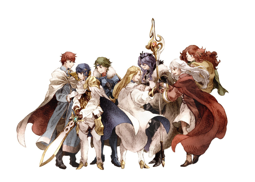 3boys 4girls alfonse_(fire_emblem) alm_(fire_emblem) armor blonde_hair blue_hair camilla_(fire_emblem) cape closed_mouth eliwood_(fire_emblem) fire_emblem fire_emblem:_radiant_dawn fire_emblem:_the_blazing_blade fire_emblem_echoes:_shadows_of_valentia fire_emblem_fates fire_emblem_heroes from_side fur_trim gloves green_hair highres hoimiii holding holding_sword holding_weapon long_hair long_sleeves micaiah multiple_boys multiple_girls open_mouth orange_hair polearm purple_hair red_hair sharena short_hair silver_hair simple_background sword tiara weapon white_background yune