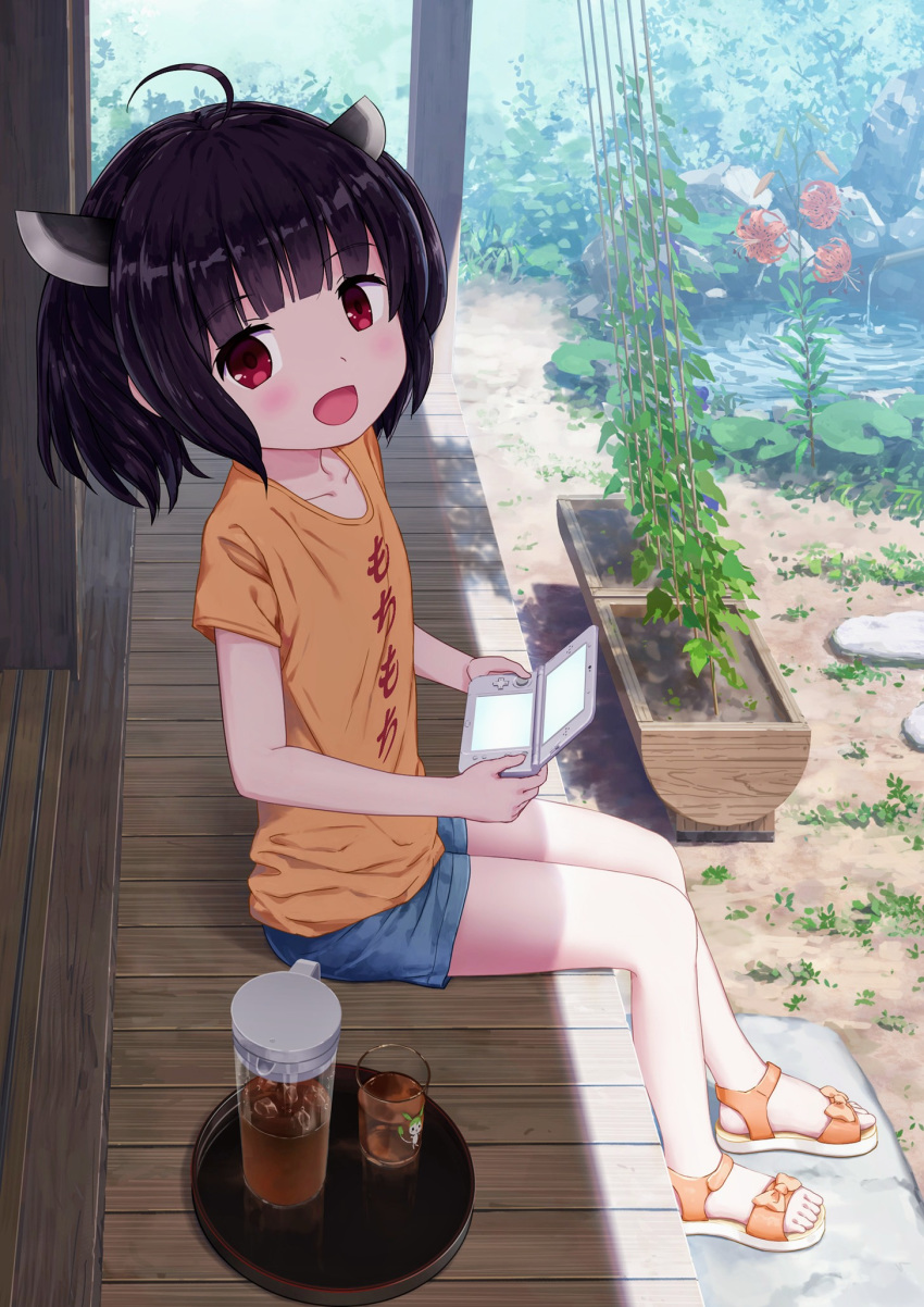 1girl ahoge alternate_costume bangs black_hair blunt_bangs blush bob_cut casual collarbone denim denim_shorts flat_chest flower garden glass handheld_game_console happy headgear highres iced_tea isou_nagi looking_at_viewer looking_to_the_side nintendo_3ds open_mouth outdoors pitcher plant pond porch potted_plant purple_eyes sandals shade shirt short_hair shorts sitting smile solo t-shirt tea touhoku_kiritan voiceroid water
