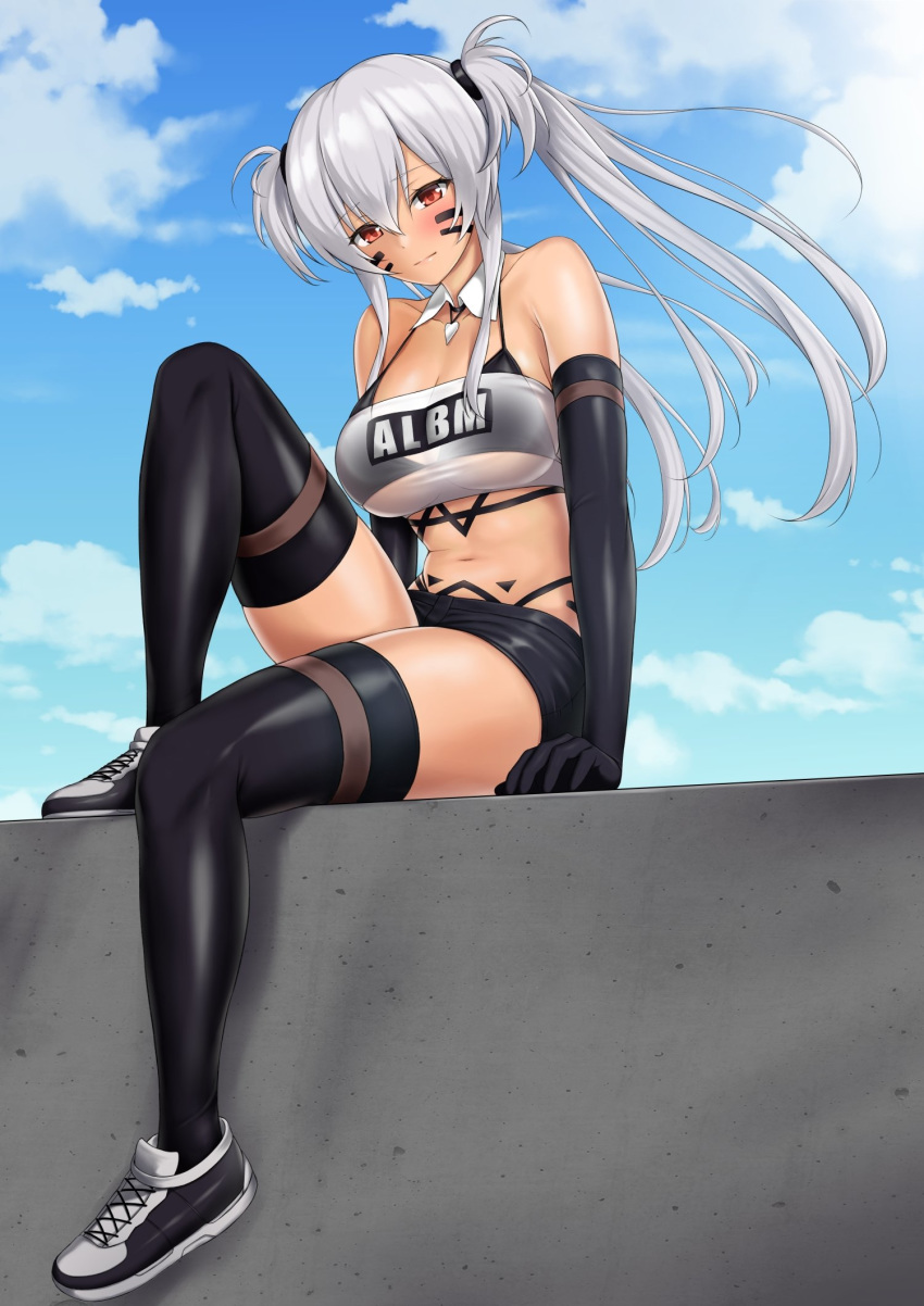 1girl alabama_(azur_lane) azur_lane bare_shoulders bikini black_bikini_top black_legwear blue_sky blush bodypaint breasts cloud dark_skin day detached_collar elbow_gloves eyebrows_visible_through_hair facepaint gloves grey_hair highleg highleg_bikini highleg_panties highres kamui_aya large_breasts native_american navel outdoors panties pencil_skirt red_eyes shoes sitting_on_wall skirt sky sneakers solo strapless string_bikini_top swimsuit thighhighs thong thong_bikini tubetop twintails underwear wall