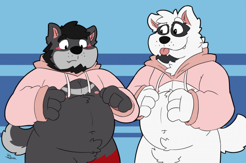 2018 anthro belly black_fur blue_background blush canid canine canis clothing cute_fangs duo fur giant_panda hoodie humanoid_hands hybrid male mammal meme moobs navel nipples overweight overweight_male simple_background thepandobo tongue tongue_out topwear twitter_hoodie ursid white_fur wolf