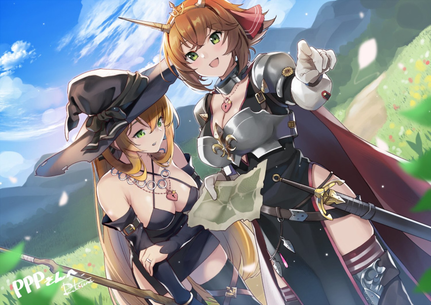 2girls :d bangle bangs black_dress black_headwear blush boots bracelet breastplate breasts brown_hair cleavage commission crossover day detached_sleeves dress eyebrows_visible_through_hair girls_frontline gloves green_eyes hair_between_eyes hair_ribbon hair_rings hat headgear heart heart_necklace holding holding_map holding_staff jewelry kantai_collection large_breasts leaning_forward long_hair looking_at_viewer m1903_springfield_(girls_frontline) map multiple_girls mutsu_(kantai_collection) necklace open_mouth outdoors pelvic_curtain pointing retsuna ribbon ring sheath sheathed short_hair shoulder_armor side_slit sidelocks signature smile staff sword thigh_boots thighhighs weapon wedding_band