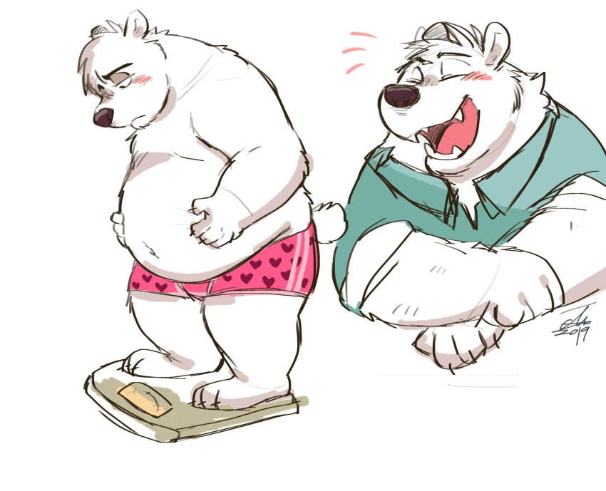 &lt;3 2019 anthro belly blush clothing eyes_closed fur ginnosuke hi_res humanoid_hands male mammal navel overweight overweight_male polar_bear shirt simple_background teeth topwear underwear ursid ursine white_fur