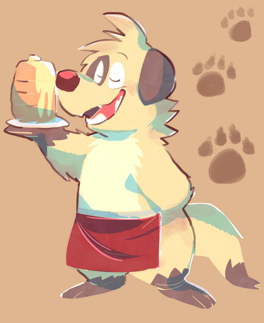 anthro apron blush brown_fur canid canine canis clothing domestic_dog eyes_closed fur ginnosuke hi_res mammal simple_background solo teeth tongue