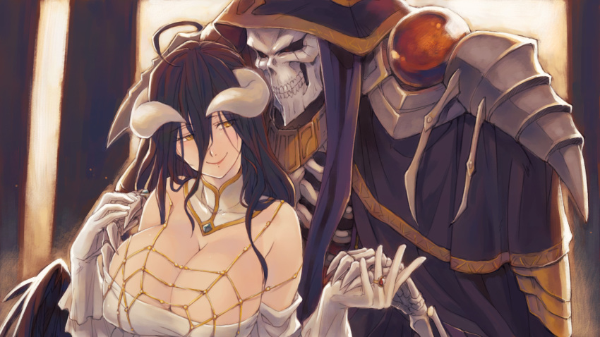 1girl ainz_ooal_gown albedo bare_shoulders black_feathers black_wings breasts cleavage closed_mouth demon_girl demon_horns demon_wings detached_collar elbow_gloves feathered_wings gloves highres holding_hands hood horns large_breasts lich low_wings overlord_(maruyama) skeleton skull slit_pupils smile user_xgpy8228 wings