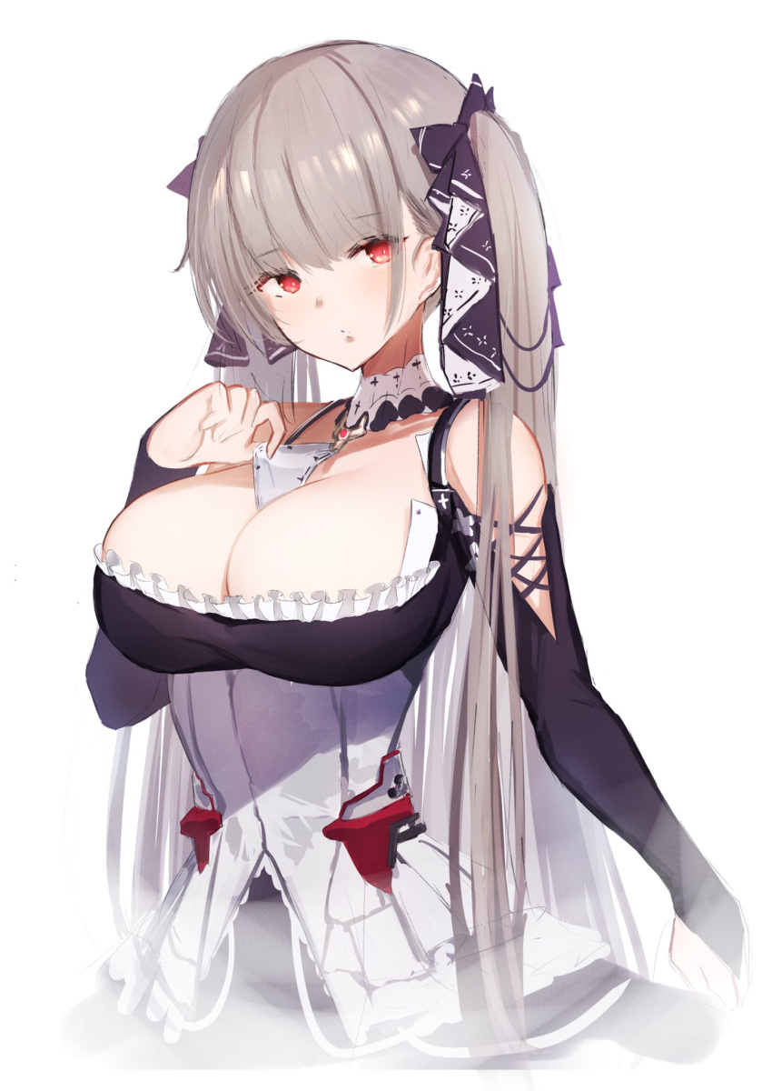 1girl azur_lane bangs bare_shoulders between_breasts black_dress blush breasts cleavage clothes_tug dress earrings eyebrows_visible_through_hair formidable_(azur_lane) frilled_dress frills grey_hair hair_ornament hair_ribbon highres jewelry large_breasts long_hair long_sleeves looking_at_viewer pnatsu red_eyes ribbon sidelocks simple_background solo twintails white_background