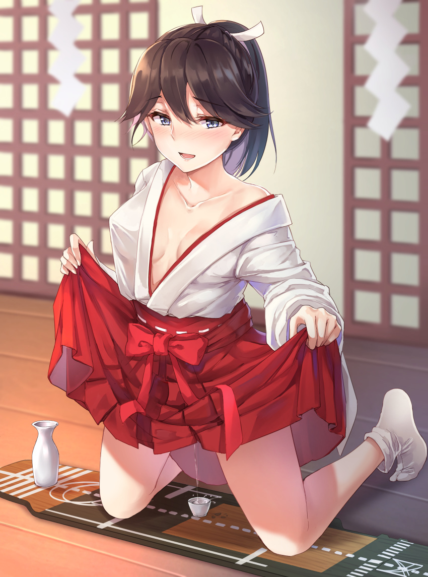 1girl absurdres alcohol alternate_costume blush breasts cleavage cup eyebrows_visible_through_hair flight_deck grey_eyes hair_between_eyes hair_ribbon hakama hakama_skirt highres houshou_(kantai_collection) japanese_clothes kantai_collection kimono lifted_by_self long_hair long_sleeves medium_breasts miko no_bra open_mouth peeing peeing_in_cup ponytail red_skirt ribbon skirt smile solo thighs white_kimono white_ribbon yuemanhuaikong
