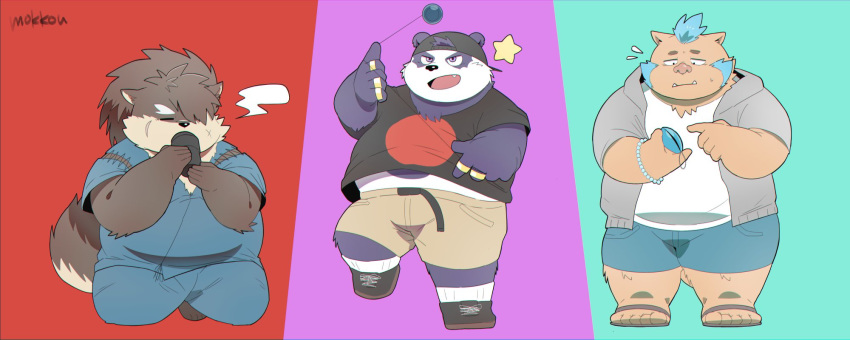 2019 alp_(tas) anthro belly bottomwear canid canine canis clothing cute_fangs domestic_dog eyes_closed footwear fur giant_panda gouryou group hi_res hoodie humanoid_hands male mammal overweight overweight_male phone purple_fur sandals shino_(housamo) shirt shorts simple_background suid suina sus_(pig) tokyo_afterschool_summoners topwear uokkom ursid video_games wild_boar