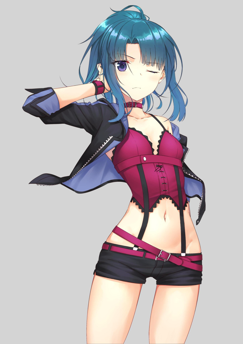 1girl 7th_dragon_(series) alice_gear_aegis belt blue_eyes blue_hair bustier castella_10 collar collarbone corset cosplay cowboy_shot crop_top cropped_jacket hands_on_own_head highres jacket loose_belt midriff multiple_belts navel one_eye_closed open_clothes open_jacket simple_background sleeves_folded_up solo takanashi_rei unzipped