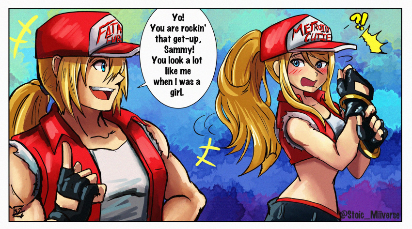 1boy 1girl baseball_cap blonde_hair blue_eyes blush breasts cosplay denim denim_shorts embarrassed fatal_fury gloves hat highres jacket long_hair looking_at_viewer metroid micro_shorts ponytail samus_aran short_hair shorts simple_background smile snk snk_heroines:_tag_team_frenzy solo stoic_seraphim super_smash_bros. terry_bogard terry_bogard_(cosplay) the_king_of_fighters white_background