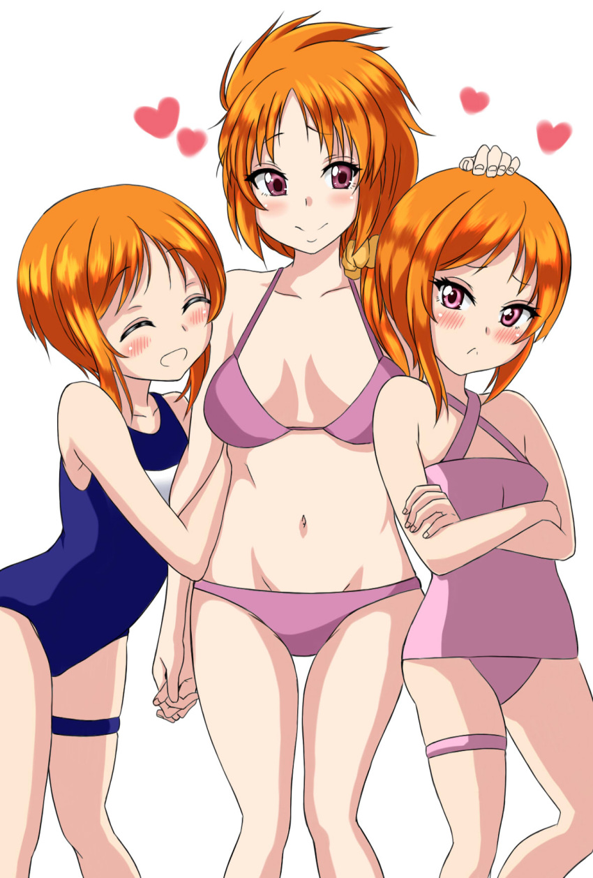 blush breasts clone closed_mouth commentary_request dora_(azu) elpeo_puru groin gundam gundam_unicorn gundam_zz highres long_hair marida_cruz multiple_girls orange_hair purple_eyes puru_two school_swimsuit short_hair siblings simple_background sisters smile swimsuit white_background