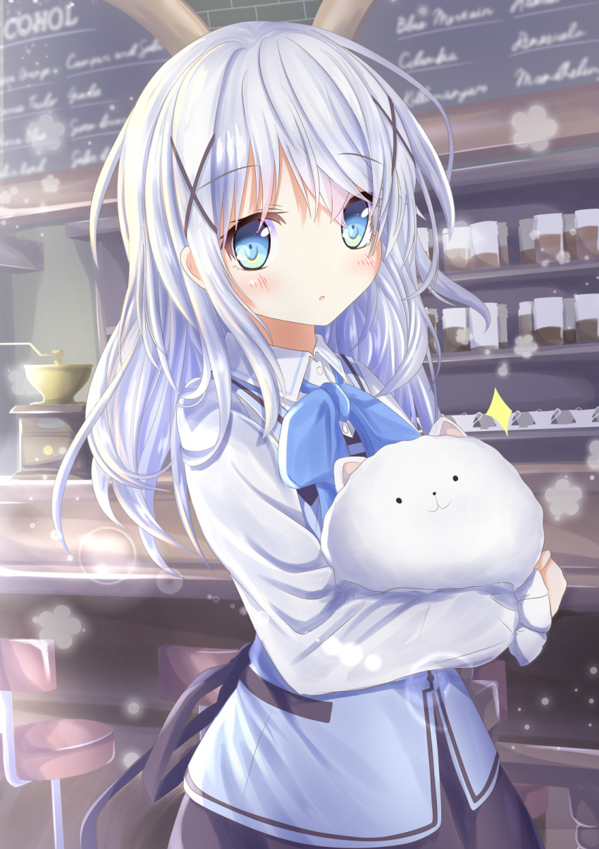 1girl :o angora_rabbit animal animal_ears animal_hug aruka_(alka_p1) bangs black_skirt blue_bow blue_eyes blue_hair blue_vest blush bow bunny bunny_ears coffee_grinder collared_shirt commentary_request dress_shirt eyebrows_visible_through_hair gochuumon_wa_usagi_desu_ka? hair_between_eyes hair_ornament highres indoors kafuu_chino kemonomimi_mode long_hair looking_at_viewer parted_lips rabbit_house_uniform shirt sidelocks skirt sparkle tippy_(gochiusa) uniform vest waitress white_shirt x_hair_ornament