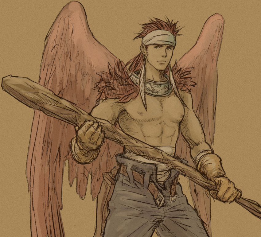 1boy abs belt brown_background brown_eyes brown_gloves brown_wings canopus_wolph club cowboy_shot feathered_wings gloves headband looking_at_viewer male_focus pants pectorals red_hair sketch solo standing tactics_ogre weapon white_headband windcaller wings