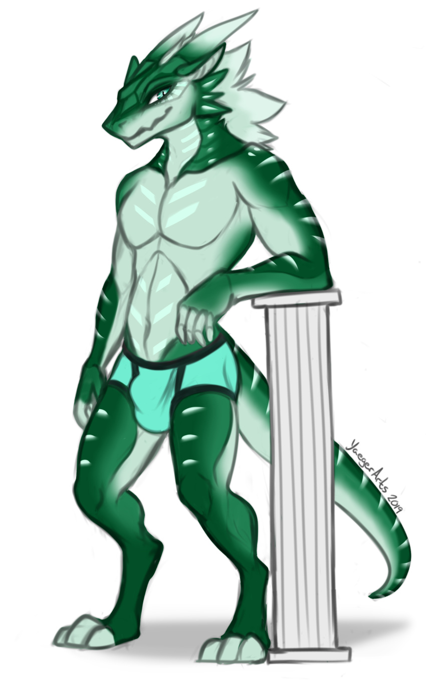 2019 absurd_res anthro clothing digital_media_(artwork) hi_res looking_at_viewer male muscular muscular_male pecs reptile scalie simple_background smile solo yaegerarts