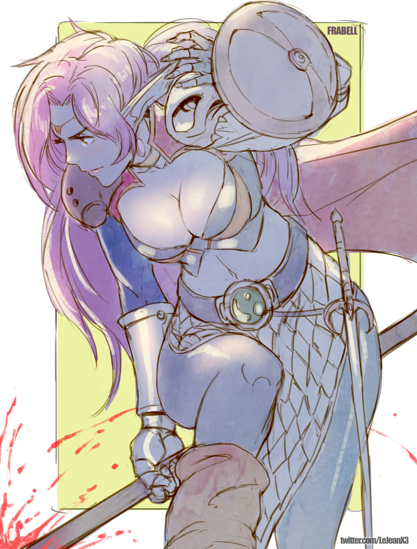 1girl absurdres armor bikini_armor blue_skin breasts chinese_commentary cleavage commentary commentary_request commission commissioner_upload dark_elf earrings elf highres jewelry long_hair mixed-language_commentary navel pointy_ears rejean_dubois shining_(series) solo warrior weapon