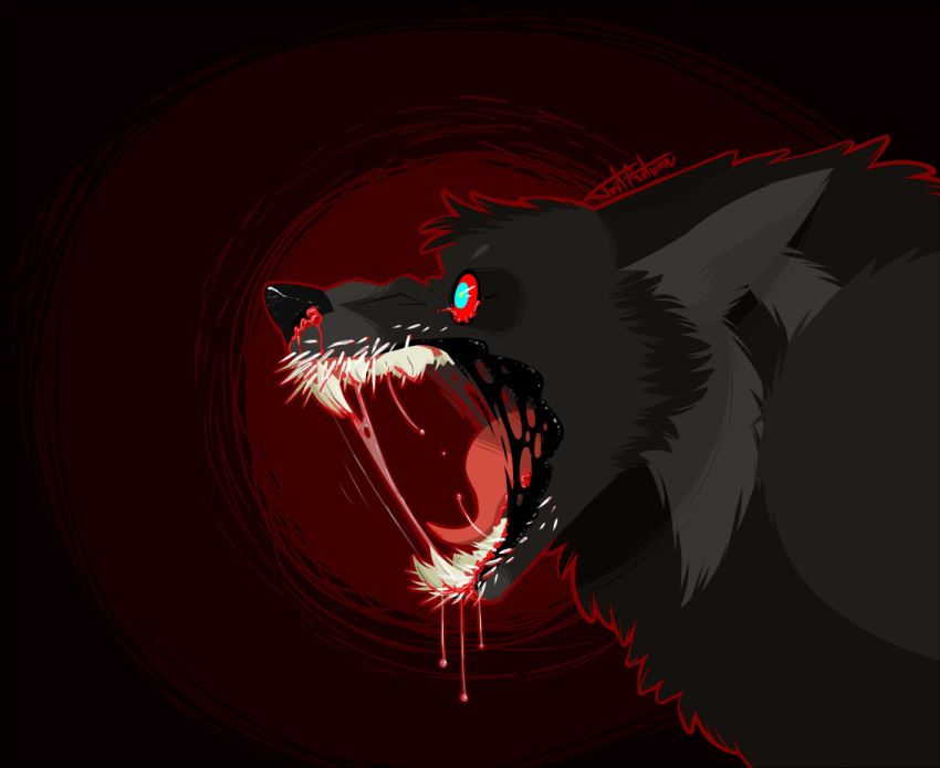 ambiguous_form ambiguous_gender angry black_fur black_nose black_sclera blood blue_pupils bodily_fluids canid canine canis fur grey_fur justautumn mammal nosebleed open_mouth red_eyes red_outline saliva signature solo teeth tongue wolf