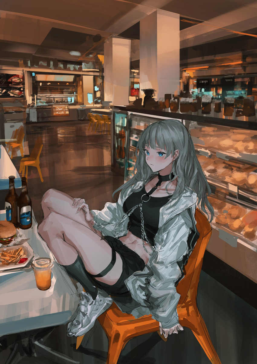 1girl absurdres bakery bangs beer_bottle black_legwear blue_eyes bread chain chair choker commentary crop_top cup expressionless food french_fries green_hair hamburger hand_on_leg highres indoors jacket lm7_(op-center) long_hair looking_to_the_side open_clothes open_jacket original restaurant shoes shop shorts sitting sneakers socks solo white_footwear white_jacket