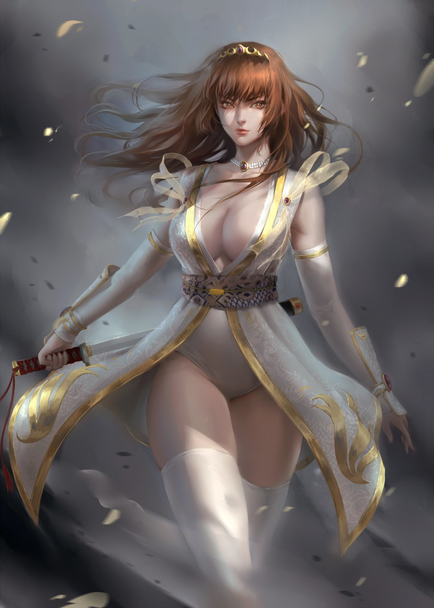 1girl arm_guards bangs bare_shoulders breasts brown_eyes brown_hair chuby_mi cleavage closed_mouth collar dead_or_alive dead_or_alive_2 elbow_gloves floral_print gloves hair_ornament highres holding japanese_clothes jewelry kasumi_(doa) large_breasts lips long_hair looking_at_viewer obi petals reverse_grip sash simple_background sleeveless solo thighhighs thighs tiara weapon white_gloves white_legwear