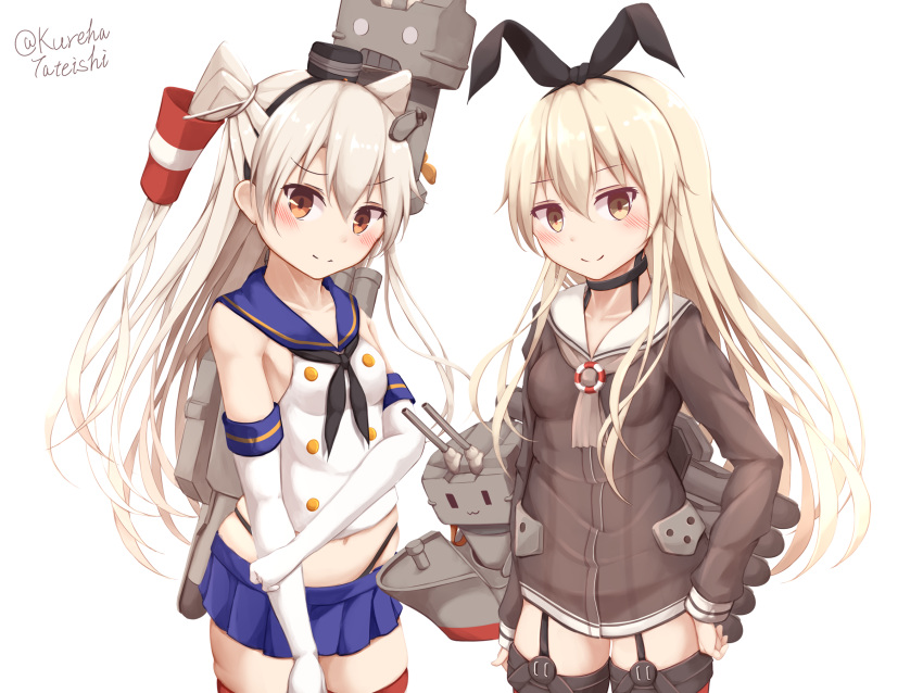 2girls amatsukaze_(kantai_collection) amatsukaze_(kantai_collection)_(cosplay) bangs black_hairband black_neckwear black_panties black_ribbon blonde_hair blue_sailor_collar blue_skirt blush breasts brown_dress brown_eyes brown_neckwear closed_mouth collarbone commentary_request cosplay costume_switch crop_top dress elbow_gloves eyebrows_visible_through_hair gloves hair_between_eyes hair_ribbon hair_tubes hairband hamayuu_(litore) hand_on_hip highleg highleg_panties highres kantai_collection lifebuoy light_brown_hair long_hair long_sleeves midriff miniskirt multiple_girls navel neckerchief panties pleated_skirt red_legwear rensouhou-chan rensouhou-kun ribbon sailor_collar sailor_dress school_uniform serafuku shimakaze_(kantai_collection) shimakaze_(kantai_collection)_(cosplay) shirt short_dress simple_background skirt sleeveless sleeveless_shirt small_breasts smile smokestack_hair_ornament thighhighs two_side_up underwear very_long_hair white_background white_gloves white_sailor_collar white_shirt windsock