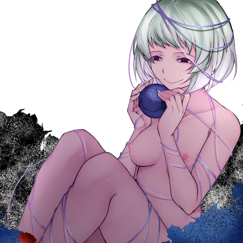 1girl aoshima black_eyes black_flower black_rose blue_flower blue_rose breasts collarbone commentary_request empty_eyes feet_out_of_frame flower green_hair hands_up highres holding knees_up komeiji_koishi medium_breasts nail_polish nipples no_hat no_headwear nude pink_lips red_flower red_rose rose short_hair simple_background sitting smile solo third_eye touhou white_background white_nails