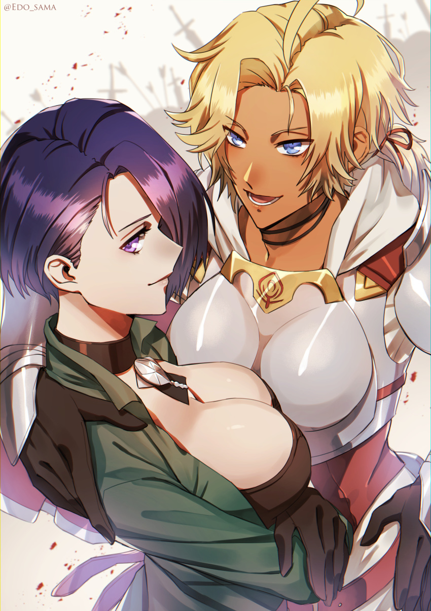 2girls absurdres asymmetrical_hair bangs black_gloves black_hair blonde_hair blue_eyes blush breasts catherine_(fire_emblem) choker cleavage edo-sama fire_emblem fire_emblem:_three_houses gloves highres jewelry large_breasts long_hair looking_at_viewer medium_breasts multiple_girls open_mouth purple_eyes purple_hair shamir_navrant short_hair shoulder_armor simple_background smile upper_body white_armor