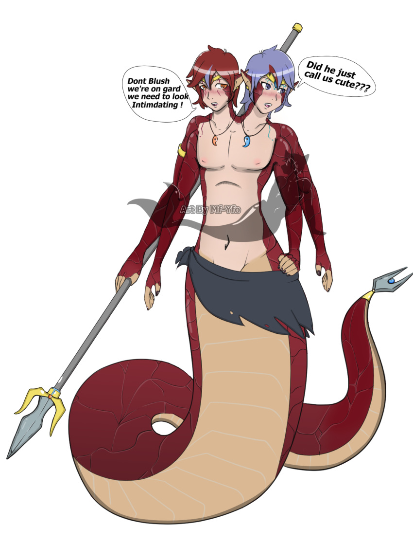 blush conjoined dialogue hi_res humanoid_pointy_ears jewelry lamia male melee_weapon multi_arm multi_head multi_limb necklace polearm reptile scalie snake spear speech_bubble text weapon yourfurryotaku