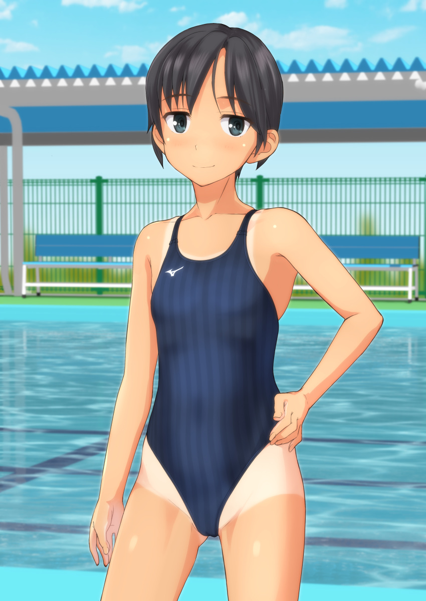 1girl absurdres androgynous bench black_eyes black_hair black_swimsuit blue_sky blurry cloud competition_swimsuit contrapposto day depth_of_field fence flat_chest hand_on_hip highres looking_at_viewer mizuno one-piece_swimsuit one-piece_tan original outdoors shed short_ponytail sky smile solo standing striped striped_swimsuit swimsuit takafumi tan tanline