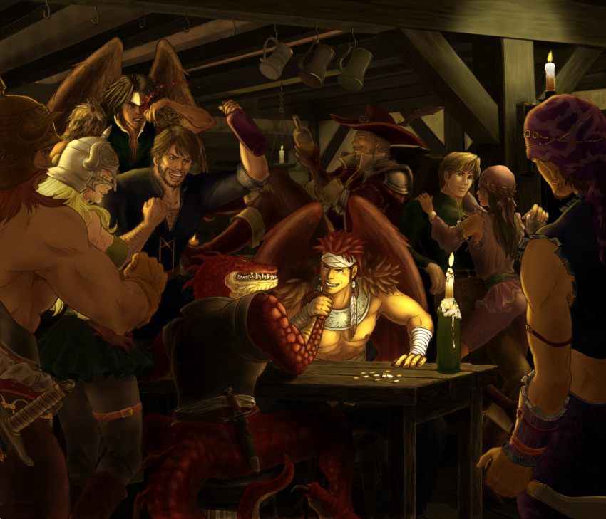 1girl 6+boys arm_wrestling armor bandana beard belt blonde_hair bottle brown_gloves candle canopus_wolph chest_hair clenched_hand coin cup dancing denim_powell earrings facial_hair gloves grin hat hawk_man headband helmet highres horned_helmet indoors jewelry knife leg_belt lizardman mug multiple_boys muscle red_headwear shirtless smile spiked_hair table tactics_ogre tavern white_headband windcaller wine_bottle