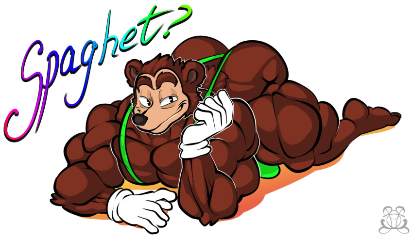 barazoku barely_contained better_version_at_source bobthetanuki clothing gloves handwear hi_res looking_at_viewer male mammal meme muscular muscular_male seductive solo somebody_toucha_my_spaghet text ursid