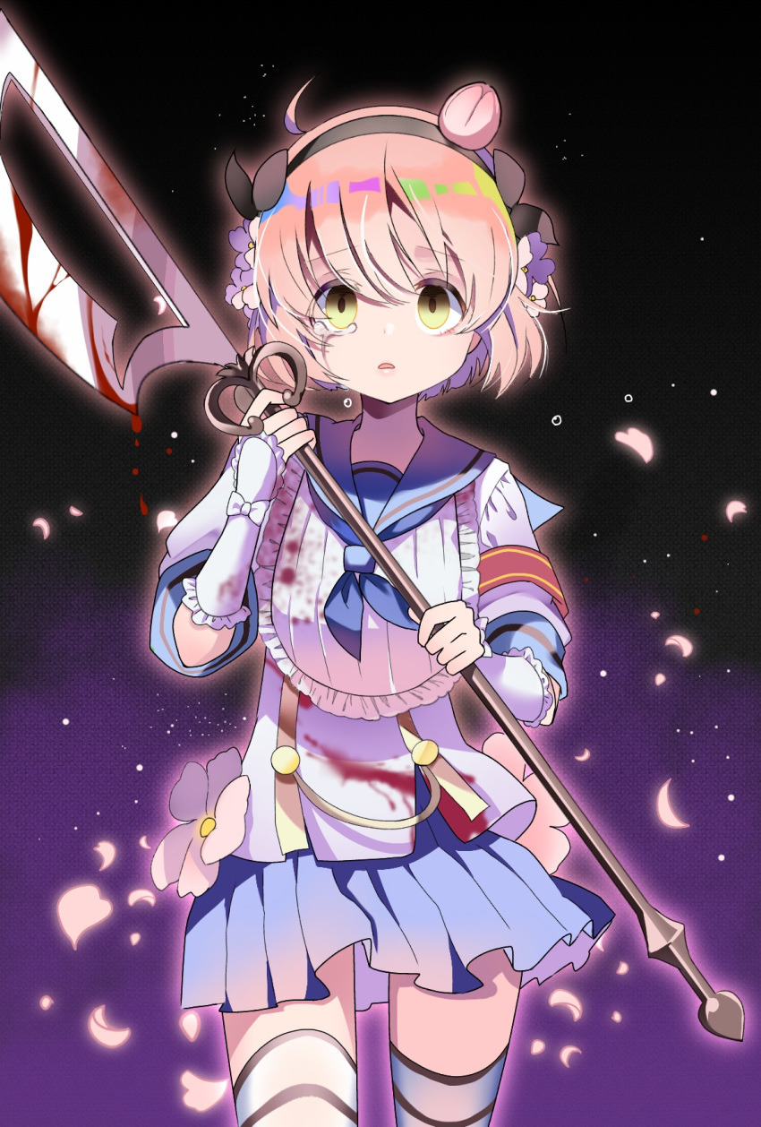 1girl ahoge blood bloody_clothes bloody_weapon blue_skirt commentary_request cowboy_shot crying crying_with_eyes_open d: eyebrows_visible_through_hair green_eyes hair_between_eyes hairband highres holding holding_weapon looking_at_viewer magical_girl mahou_shoujo_ikusei_keikaku open_mouth parted_lips petals pink_hair piyopoyo pleated_skirt sailor_collar shirt short_hair skirt snow_white_(mahoiku) solo tears thighhighs weapon white_legwear white_shirt
