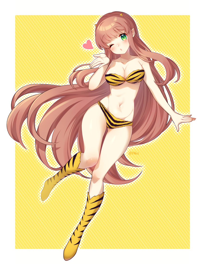 1girl animal_print bangs bare_arms bare_shoulders blown_kiss breasts brown_hair cleavage collarbone commentary_request cosplay doki_doki_literature_club eyebrows_visible_through_hair full_body green_eyes heart highres horns long_hair looking_at_viewer lum lum_(cosplay) medium_breasts monika_(doki_doki_literature_club) nan navel pointy_ears solo stomach tiger_print urusei_yatsura very_long_hair