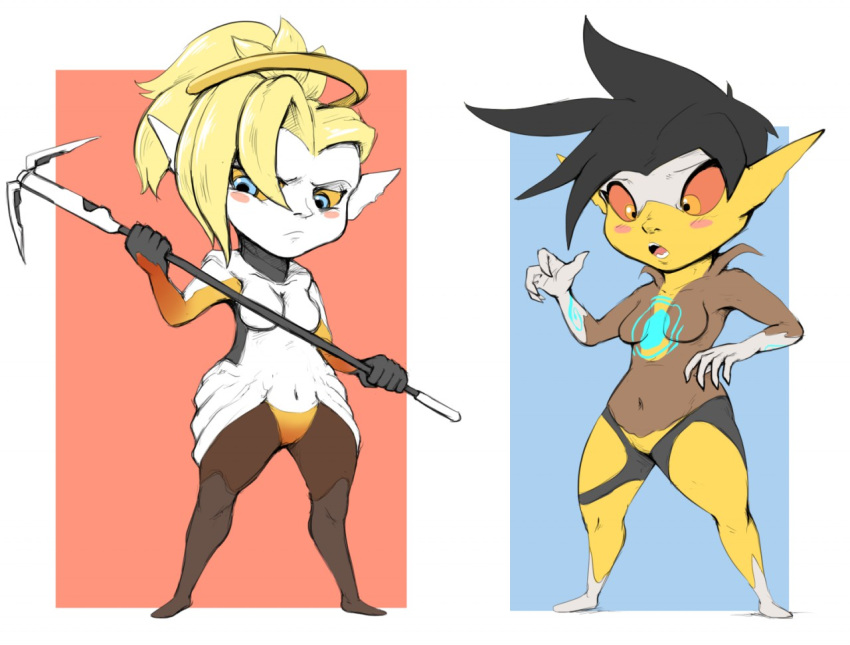 2017 alternate_species annoyed black_hair blizzard_entertainment blonde_hair blue_eyes blush breasts duo female hair humanoid imp mercy_(overwatch) navel not_furry open_mouth overwatch red_sclera short_hair short_stack simple_background standing subakitsu surprise tracer_(overwatch) transformation video_games wide_hips yellow_eyes yellow_sclera