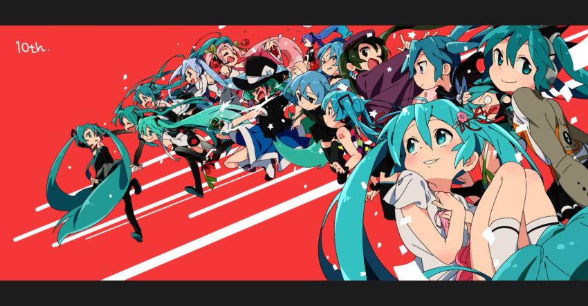 6+girls anniversary aqua_eyes aqua_hair aqua_neckwear bare_shoulders black_legwear black_skirt black_sleeves blue_hair cherry_hair_ornament closed_eyes commentary detached_sleeves flower food_themed_hair_ornament ghost_rule_(vocaloid) green_hair grey_shirt hachune_miku hair_flower hair_ornament hat hatsune_miku hatsune_miku_(append) hatsune_miku_(vocaloid3) hatsune_miku_(vocaloid4) headphones headset holding holding_spring_onion holding_staff iihoneikotu incoming_hug index_finger_raised japanese_clothes light_blue_hair long_hair looking_back magical_mirai_(vocaloid) melt_(vocaloid) multiple_girls multiple_persona necktie odds_&amp;_ends_(vocaloid) one_eye_closed open_mouth parted_lips pink_hair red_background red_ribbon ribbon sakura_miku senbon-zakura_(vocaloid) shinkai_shoujo_(vocaloid) shirt shoulder_tattoo skirt sleeveless sleeveless_shirt smile snowflake_print socks song_request songover spring_onion staff star tattoo tell_your_world_(vocaloid) thighhighs top_hat twintails very_long_hair vocaloid vocaloid_append walking white_shirt wide_shot yuki_miku yuki_miku_(2011) zettai_ryouiki