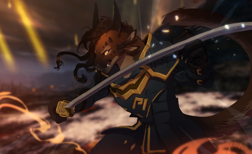 2019 brown_hair charr clothed clothing digital_media_(artwork) felid female guild_wars hair holding_object holding_sword holding_weapon horn mammal melee_weapon smooshkin solo standing sword video_games weapon