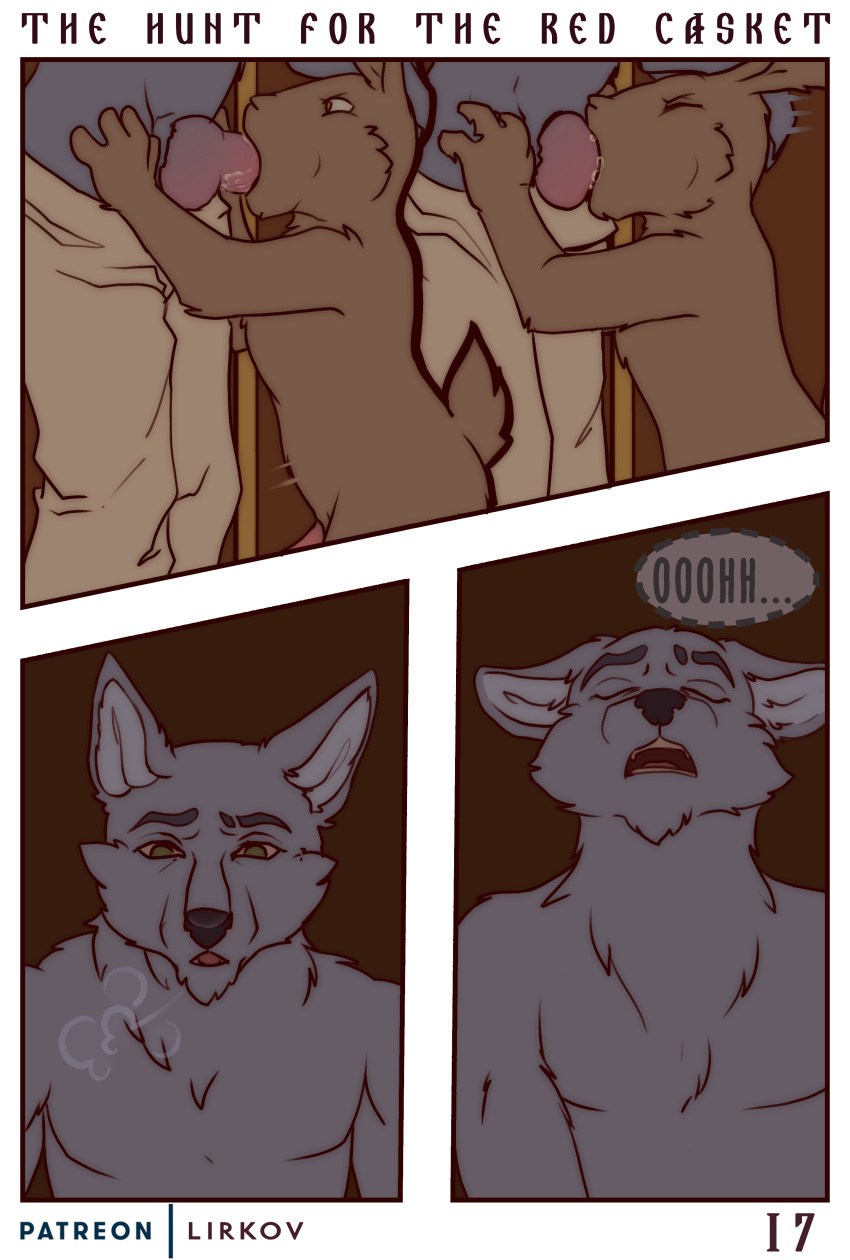 2019 absurd_res anthro bodily_fluids canid canine canis comic digital_media_(artwork) duo english_text forced_fellatio fur hare hi_res lagomorph leporid lirkov male male/male mammal nude open_mouth oral penis text wolf