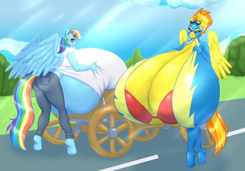 2019 anthro big_breasts biped blues64 blush bottomwear breasts butt cleavage clothed clothing detailed_background equid equine eyewear feathered_wings feathers female friendship_is_magic goggles hair hi_res holding_breast huge_breasts hyper hyper_breasts jeans looking_at_viewer mammal marauder6272 my_little_pony outside pants pterippus rainbow_dash_(mlp) road shirt sky smile spitfire_(mlp) t-shirt topwear tree under_boob vehicle wagon wings wonderbolts_(mlp)