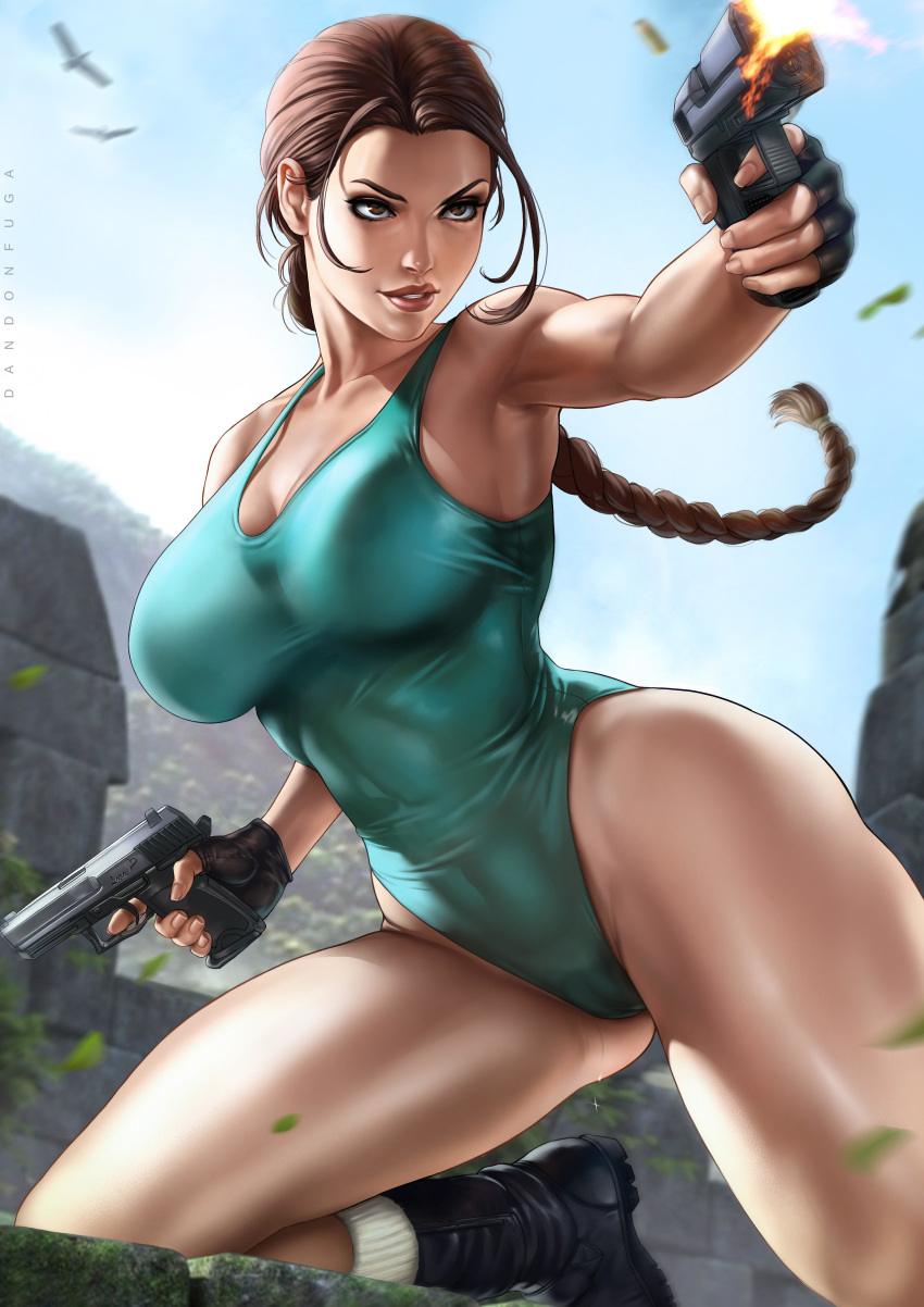 absurdres armpits breasts brown_hair dandon_fuga fingerless_gloves gloves gun highres lara_croft large_breasts leotard paid_reward patreon_reward square_enix tomb_raider weapon