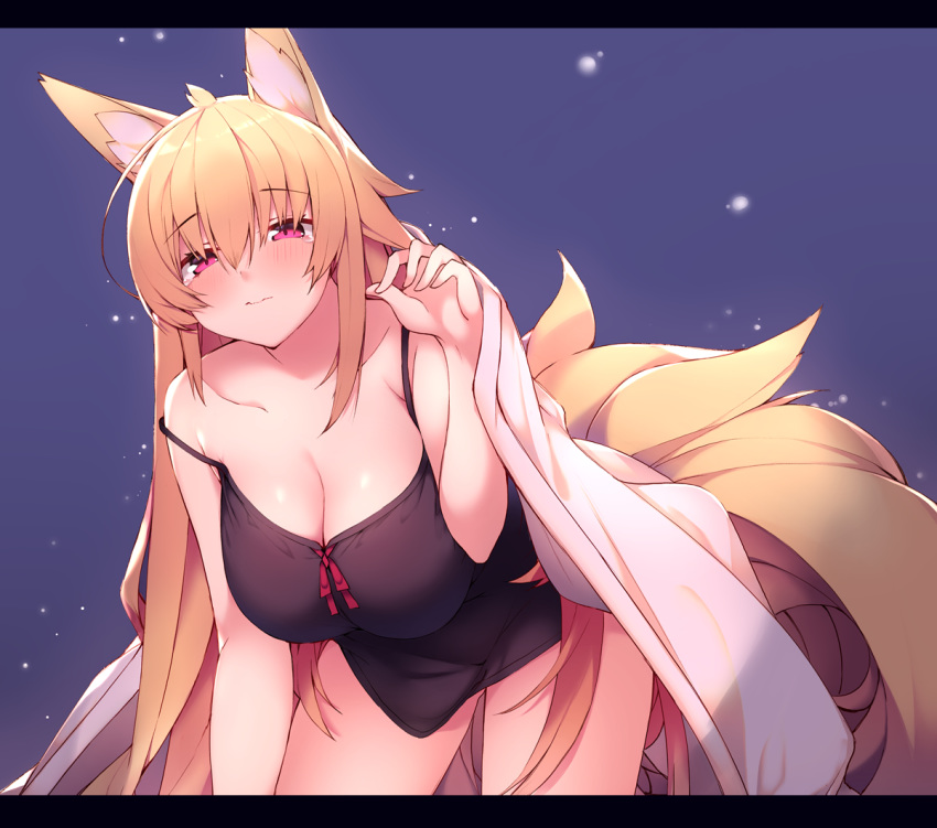 1girl animal_ear_fluff animal_ears bare_arms bare_shoulders black_shirt blanket blonde_hair breasts camisole cleavage closed_mouth collarbone fox_ears fox_girl fox_tail hand_up haruyuki_(yukichasoba) kitsune large_breasts leaning_forward letterboxed long_hair looking_at_viewer original pink_eyes shirt sleeveless sleeveless_shirt solo strap_slip tail tears thighs very_long_hair