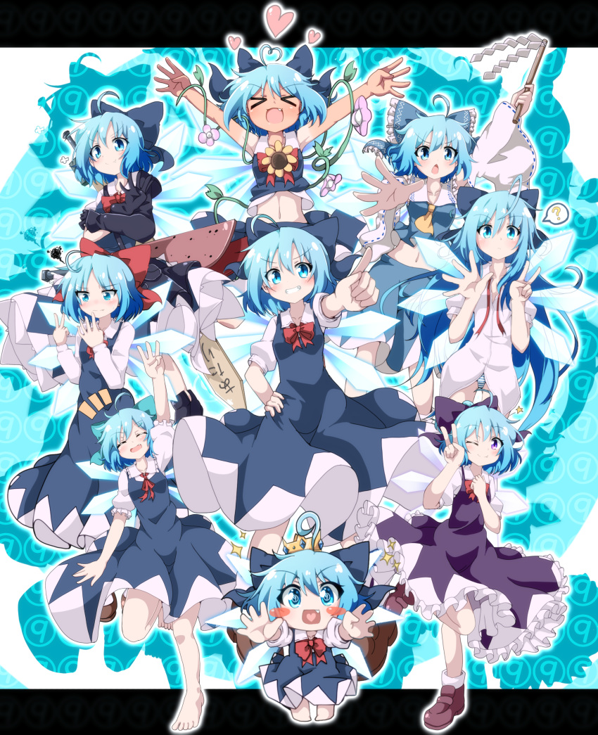 &gt;_&lt; (9) 6+girls :d ? absurdres advent_cirno ahoge alternate_color alternate_hair_length alternate_hairstyle aqua_bow arm_up arms_up ascot bangs barefoot black_gloves blue_background blue_bow blue_dress blue_eyes blue_hair blue_panties blue_shirt blue_skirt blush_stickers bow bowtie breasts brown_footwear chibi cirno closed_eyes closed_mouth collarbone collared_shirt commentary_request cosplay crown detached_sleeves do_(4-rt) dress eyebrows_visible_through_hair fang flower frilled_bow frilled_dress frilled_shirt_collar frilled_sleeves frills gloves gohei hair_bow hakurei_reimu hakurei_reimu_(cosplay) hand_on_hip heart heart_ahoge highres index_finger_raised leg_up letterboxed loafers long_hair long_sleeves looking_at_viewer midriff multiple_girls multiple_persona navel neck_ribbon no_pants nontraditional_miko notice_lines one_eye_closed open_mouth outside_border outstretched_arm outstretched_arms panties pinafore_dress pink_flower plant player_2 puffy_short_sleeves puffy_sleeves purple_bow purple_dress purple_eyes red_bow red_neckwear red_ribbon ribbon shirt shoes short_hair short_sleeves skirt sleeveless sleeveless_dress small_breasts smile sparkle spoken_question_mark squiggle standing standing_on_one_leg star striped striped_panties sunflower sword sword_behind_back tan tanline tanned_cirno touhou underwear vines weapon white_shirt wide_sleeves wing_collar wings xd yellow_neckwear