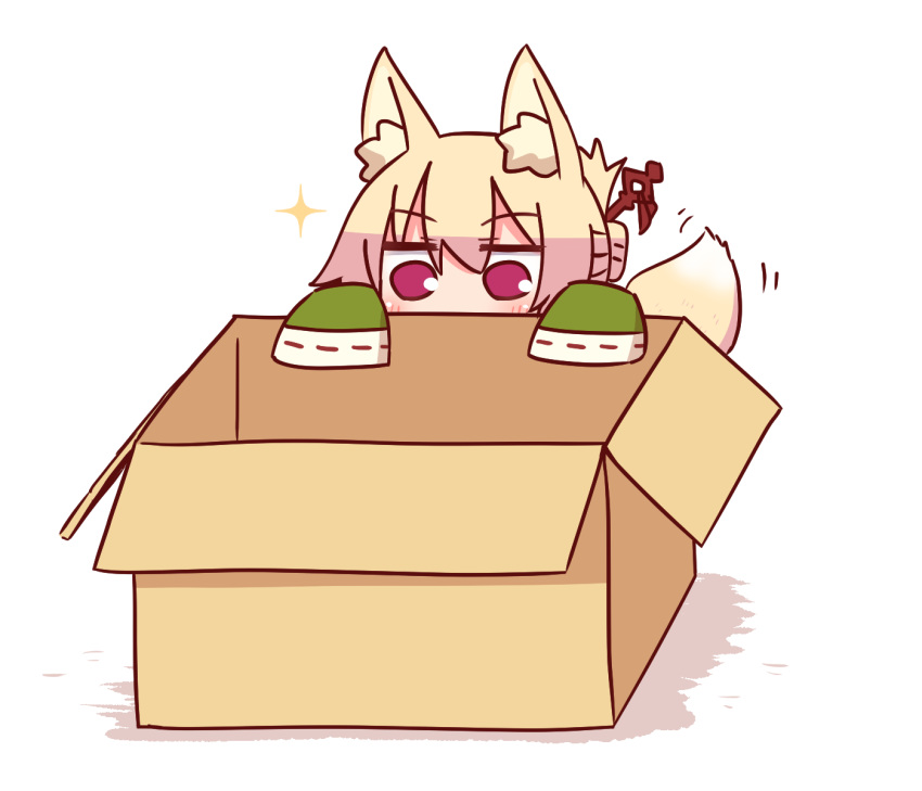 1girl animal_ear_fluff animal_ears bangs blonde_hair blush box cardboard_box covering_mouth eyebrows_visible_through_hair fox_ears fox_girl fox_tail hair_between_eyes hair_bun hair_ornament hands_up highres kemomimi-chan_(naga_u) long_sleeves motion_lines naga_u original red_eyes ribbon-trimmed_sleeves ribbon_trim shadow sleeves_past_fingers sleeves_past_wrists solo sparkle tail tail_wagging white_background