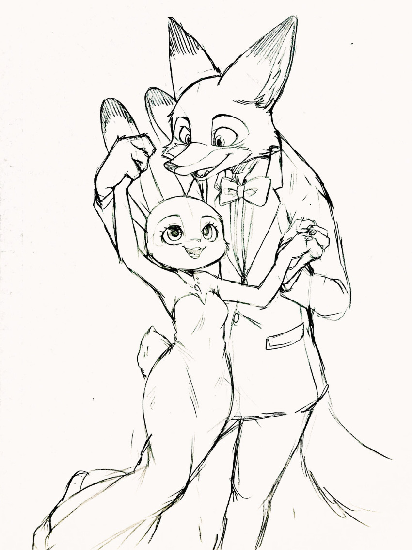 2018 anthro bare_shoulders black_tie_(suit) bow_tie canid canine clothed clothing dancing dipstick_ears disney dogear218 dress female fox fully_clothed fur hand_holding hi_res jewelry judy_hopps lagomorph larger_anthro larger_male leporid male male/female mammal monochrome multicolored_ears necklace nick_wilde open_mouth open_smile rabbit simple_background size_difference sketch smaller_anthro smaller_female smile suit zootopia