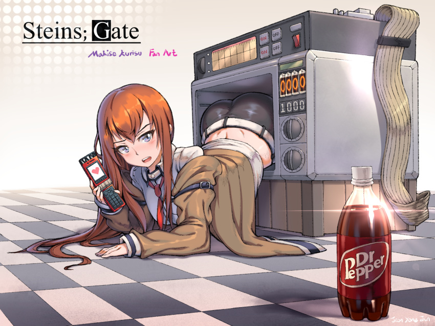 1girl blue_eyes blush brown_hair cellphone commentary_request copyright_name dr_pepper hair_between_eyes highres holding holding_cellphone holding_phone jacket long_hair looking_at_viewer lying makise_kurisu microwave necktie off-shoulder_jacket phone red_neckwear shorts sleeves_past_wrists solo steins;gate totocos7