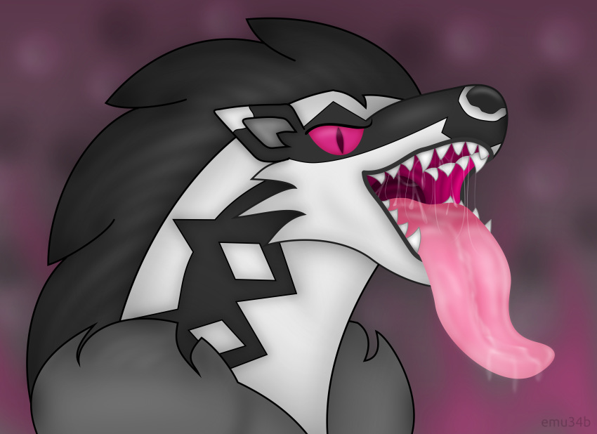 absurd_res ambiguous_gender bodily_fluids canid canine drooling emu34b feral hi_res long_tongue mammal mouth_shot nintendo obstagoon pok&eacute;mon pok&eacute;mon_(species) red_eyes saliva simple_background solo teeth tongue vector video_games