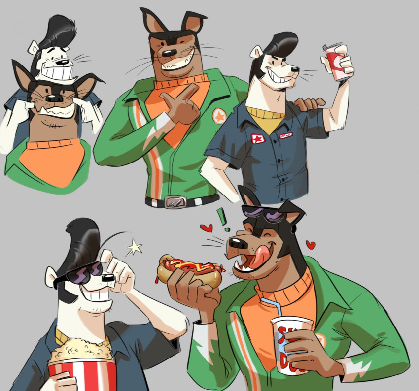 2019 anthro belt beverage black_hair buddy_thunderstruck_(character) buddy_thunderstruck_(series) canid canine canis clothing domestic_dog domestic_ferret duo eyewear food greyscale hair hot_dog ketchup mammal monochrome mustard mustela mustelid musteline polartoons pompadour popcorn shirt smile sunglasses sweater topwear whiskers