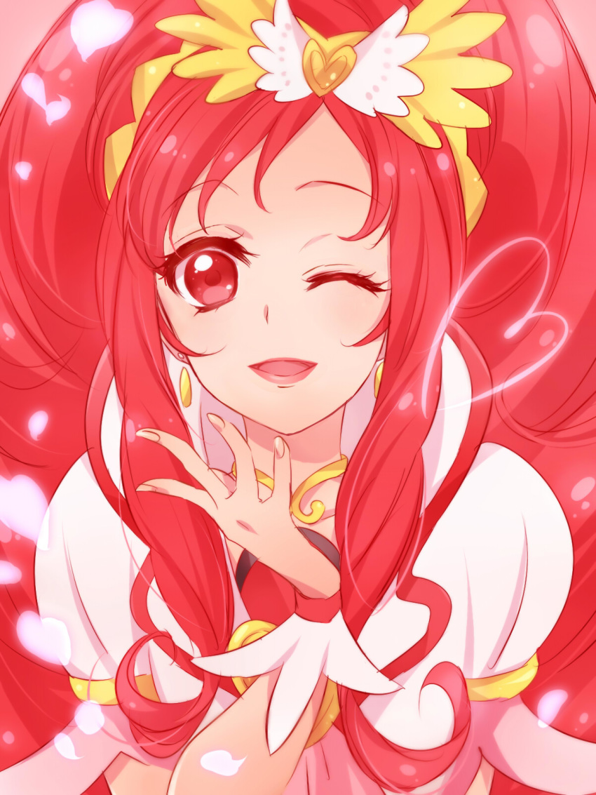 1girl ;d bangs collarbone cure_lovely earrings eyebrows_visible_through_hair hair_ornament happinesscharge_precure! heart heart_hair_ornament highres jewelry long_hair looking_at_viewer one_eye_closed open_mouth parted_bangs petals precure red_eyes red_hair shiny shiny_hair shipu_(gassyumaron) short_sleeves smile solo upper_body very_long_hair wrist_cuffs