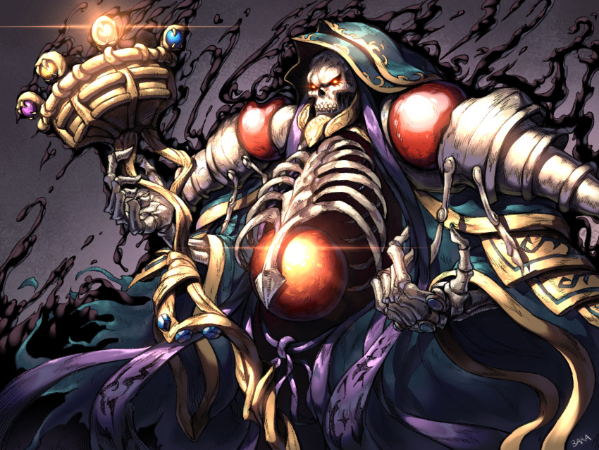 1boy 1girl ainz_ooal_gown commentary_request gem glowing glowing_eyes highres holding holding_staff hood hood_up jewelry overlord_(maruyama) red_eyes ring skeleton skull solo staff totocos7
