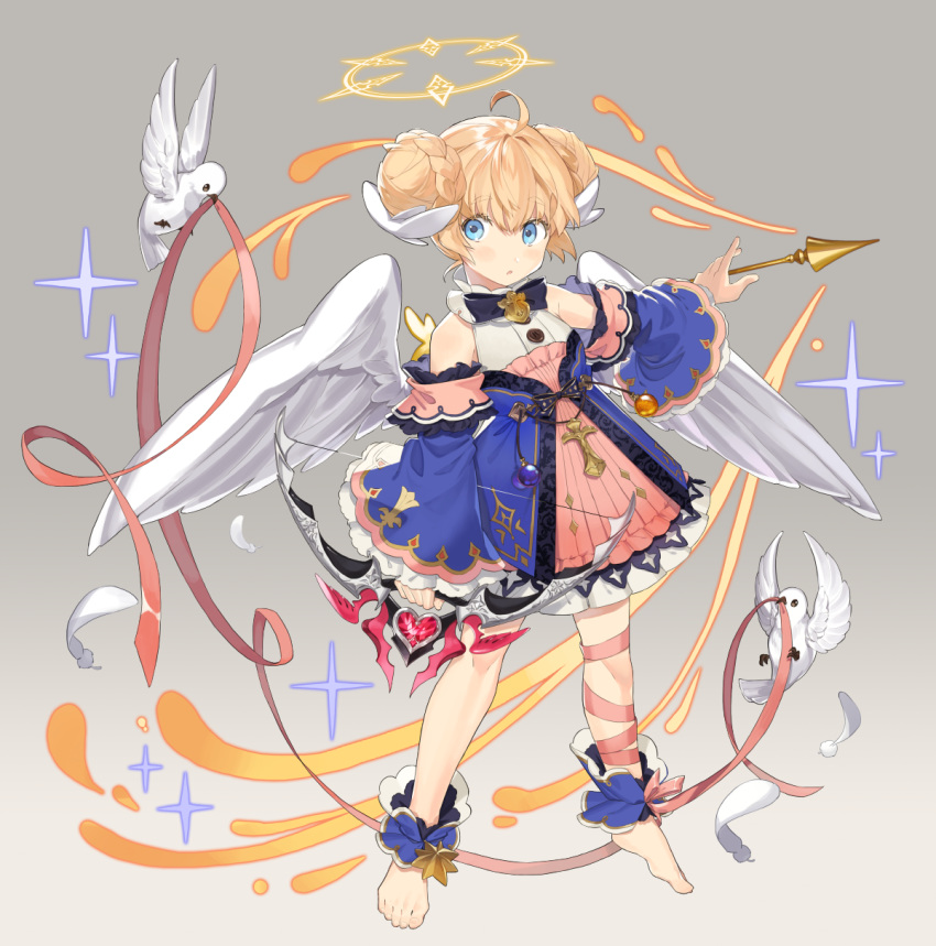 1girl ahoge arrow bare_shoulders barefoot bird blonde_hair blue_dress bow_(weapon) braid copyright_request detached_sleeves double_bun dress eyebrows_visible_through_hair full_body halo highres holding holding_bow_(weapon) holding_weapon looking_at_viewer short_hair solo vonokim weapon white_bird white_wings wide_sleeves wings