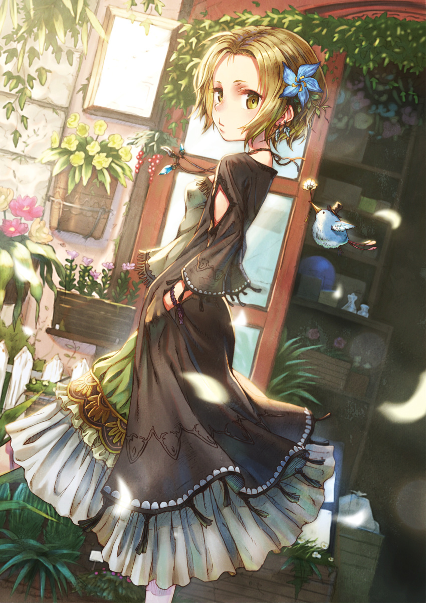 1girl bird black_dress breasts brown_eyes brown_hair dress dutch_angle earrings fence flower flower_box hair_flower hair_ornament hands_in_pockets highres jewelry looking_at_viewer looking_back necklace original outdoors sho_(sumika) short_hair small_breasts solo standing