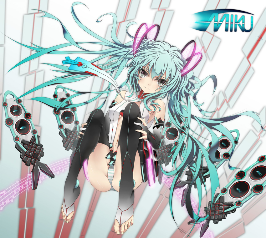 aqua_hair barefoot blue_panties elbow_gloves feet fingerless_gloves gloves glycyrrhizae hatsune_miku hatsune_miku_(append) legs long_hair navel necktie panties smile solo striped striped_panties toeless_legwear toes twintails underwear very_long_hair vocaloid vocaloid_append white_panties